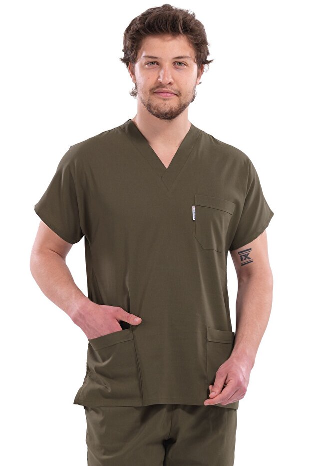 Men's Khaki Green Lycra Thick Fabric Surgical Doctor Uniform and Nurse Uniform Set
