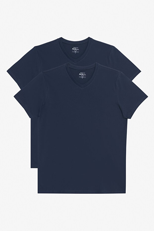 Men's Navy Blue-Navy Blue 2-Piece V-Neck 100% Cotton Slim Fit Slim Fit Basic T-Shirt