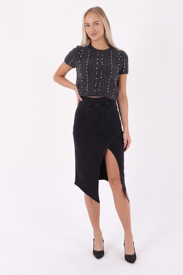 Side Slit Detail and Front Pleated Slim Fit Pocketless Women's Denim Skirt Anthracite Denim Four Seasons