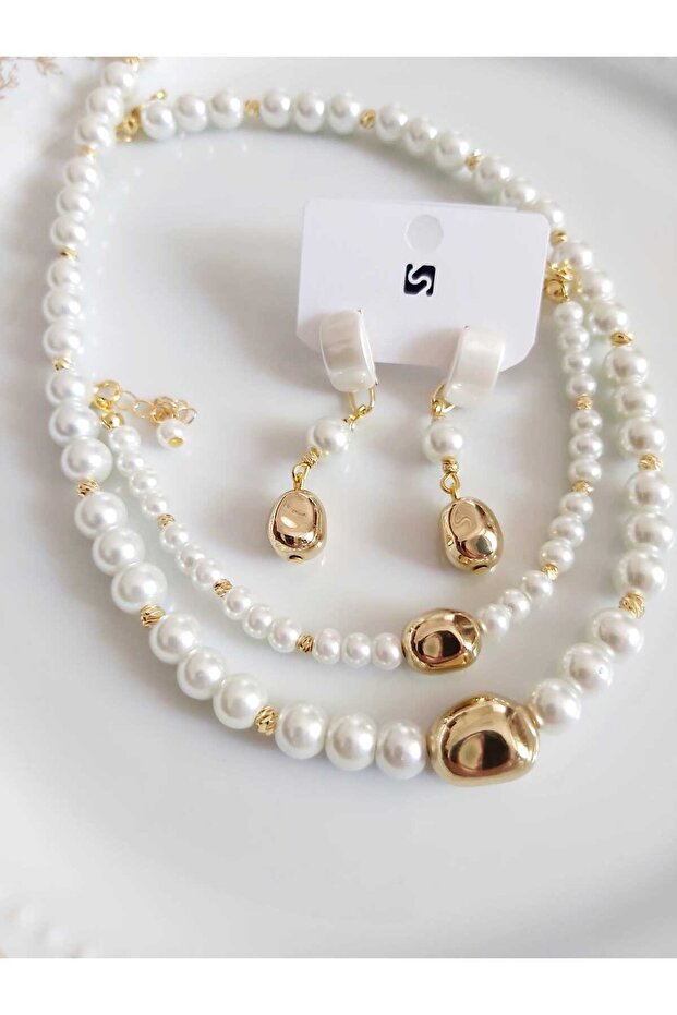 Necklace Earrings Bracelet Pearl Suit Triple Set