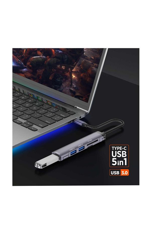 PGS407 Type-C Uyumlu 5 Çıkışlı Dönüştürücü Çoklayıcı USB 3.0 Hub Gri - 2