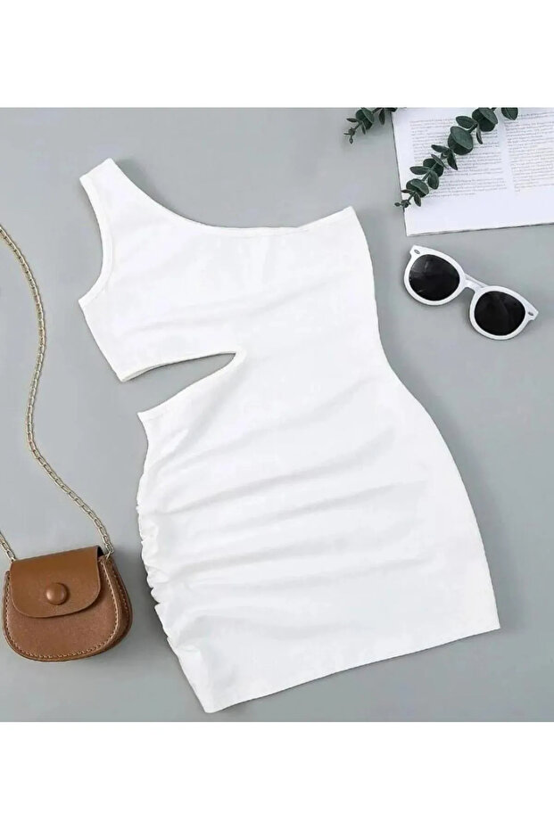 Girl's One Shoulder Low-Cut Detail Mini Strap Dress