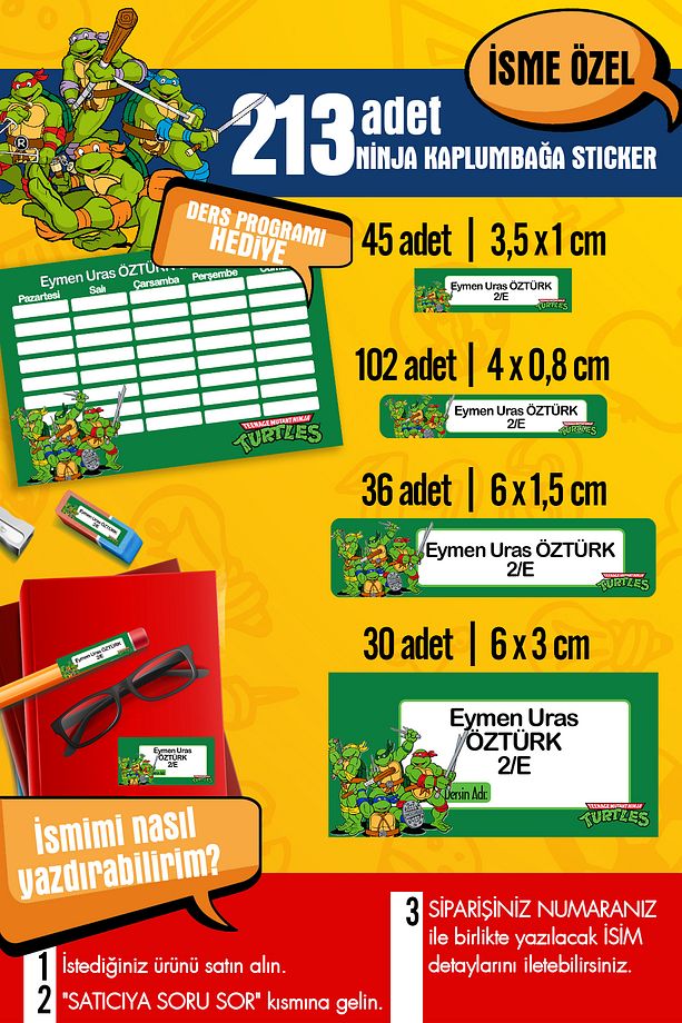 Okul Etiketi NİNJA KAPLUMBAĞA Temalı Özel İsim Yazılabilen Kalem, Defter, Kitap Etiketi - 213 Adet - 1