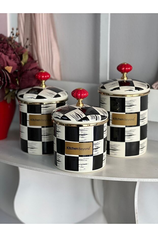 3-Piece Acar Enamel Checkered Patterned Coffee Tea Spice Jar