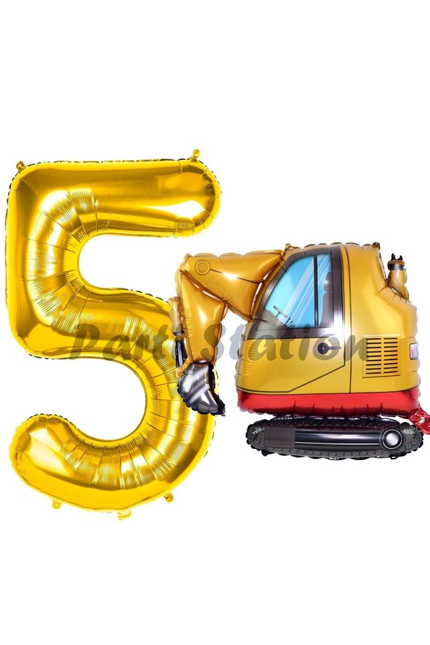Construction Excavator Truck Balloon 5Th Birthday Balloon Set Construction Machinery Concept and Gold Number Balloon