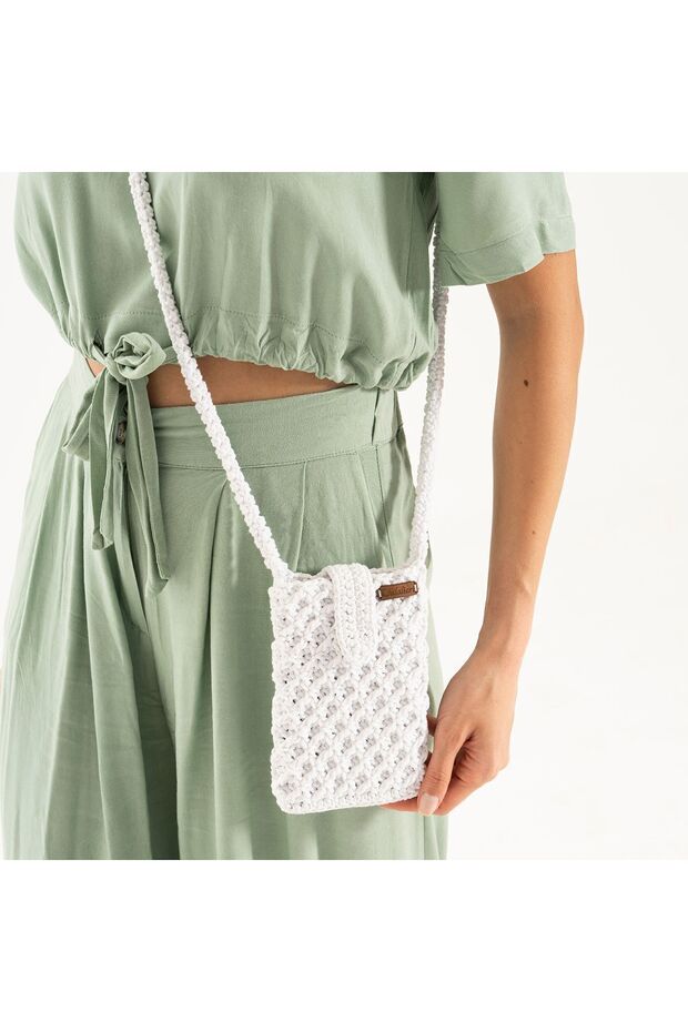 Ecru Hand Knitted Cell Phone Bag - Hand Knitted Ecru Crossbody Bag - Hand Knitted Ecru Mini Wallet Bag