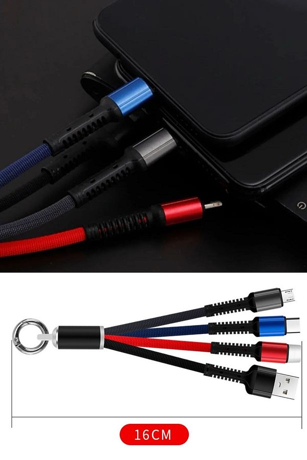 ® Işıklı Anahtarlık Model 3 in 1 USB Çıkışlı MİKRO,TYPE-C ve İphone Uyumlu Şarj Kablosu - 3