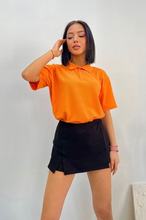 Orange Sports Polo Neck Buttoned Cotton Casual Short Sleeve Regular Fit T-shirt