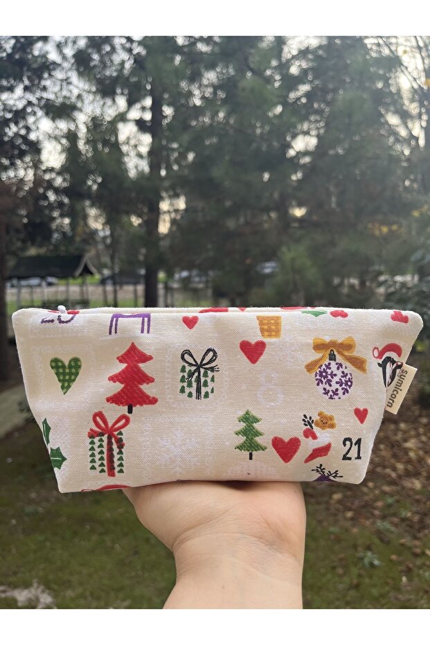 Yılbaşı Desenli Yıkanabilir Fermuarlı Tek Gözlü Bez Kalemlik Kalem Kutusu Cüzdan Makyaj Çantası - 6