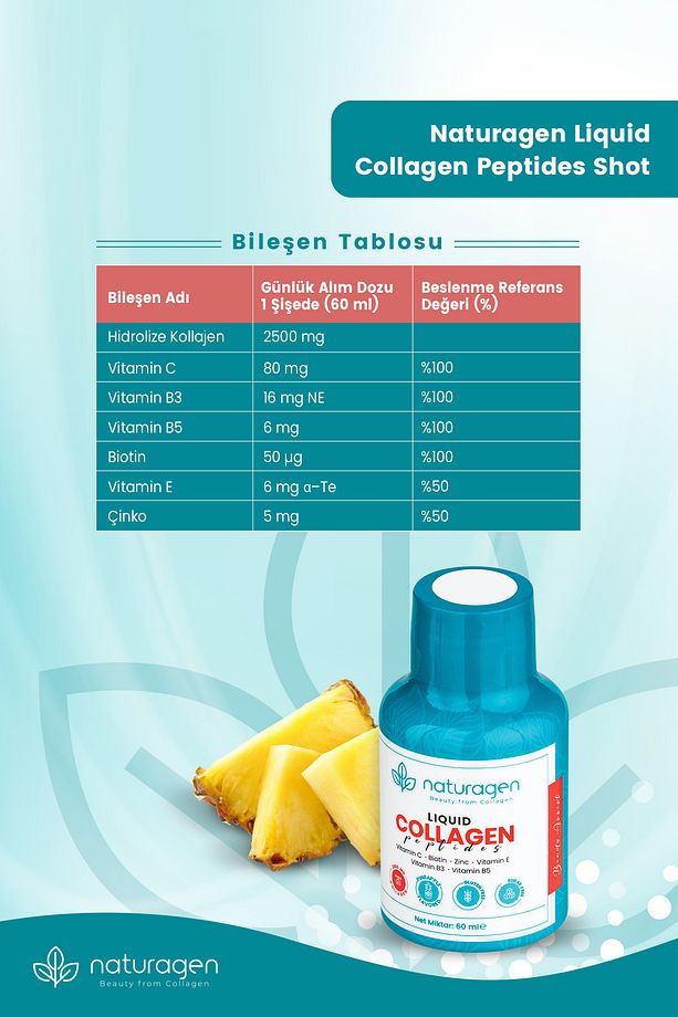 Kolajen Ananas Aromalı Likit Collagen Shot 60 ml X12 Adet Şişe Tip 1 & Tip3 Hidrolize Sıvı Collagen - 7