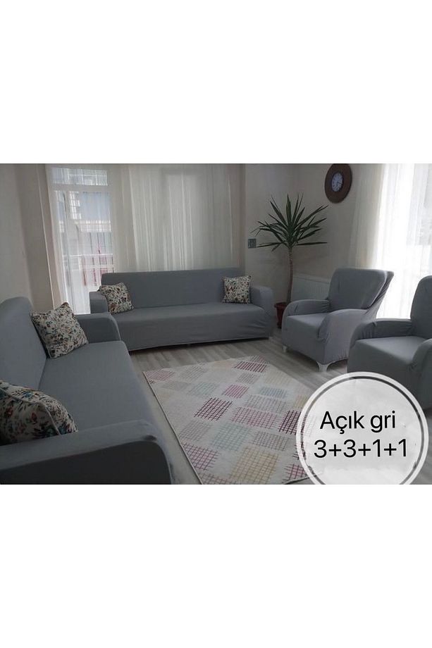 Balpeteği 3 3 1 1 Açık-kahve Lastikli Kanepe Örtüsü | Lastikli Koltuk Örtüsü | Koltuk Kılıfı Takımı - 6