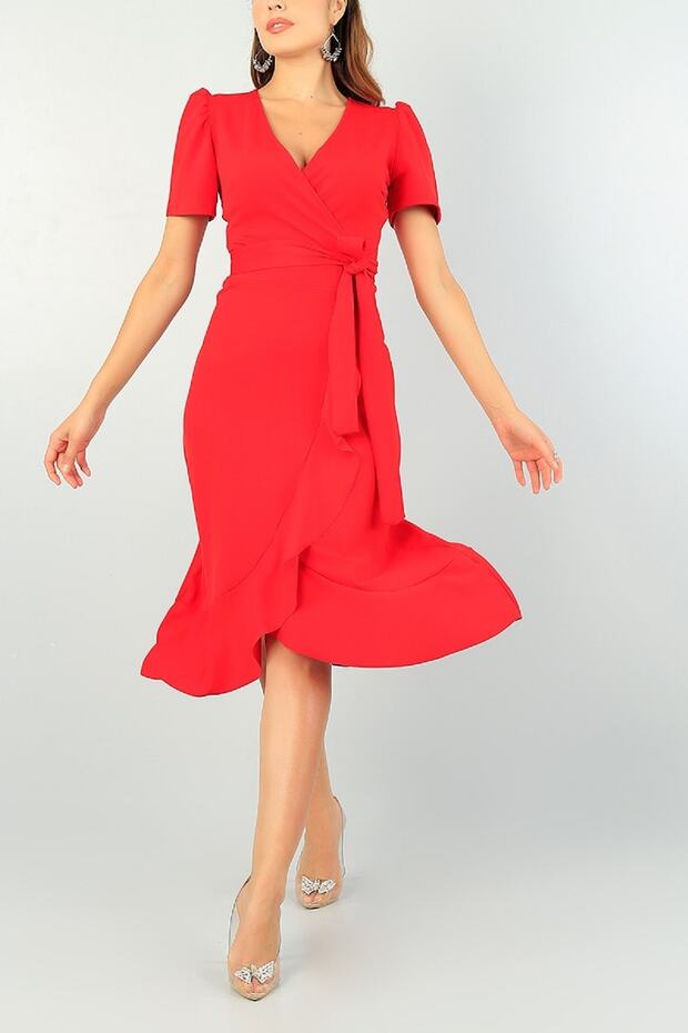 Stylish Women's Red Skirt Flounced Double Breasted Collar Belted Dress Evening Dress 72786 092