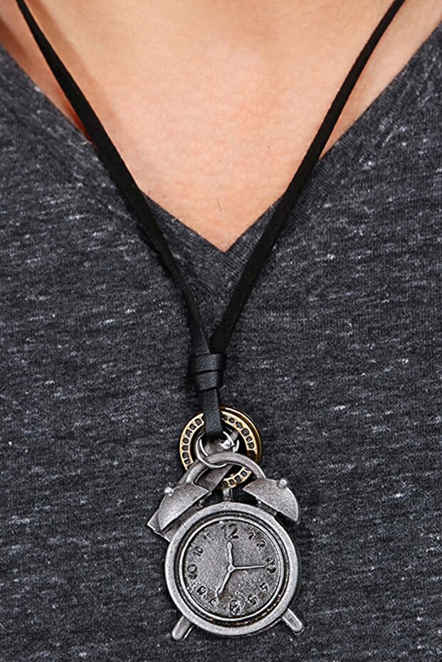 Adjustable Leather Drawstring Necklace with Alarm Clock Figure