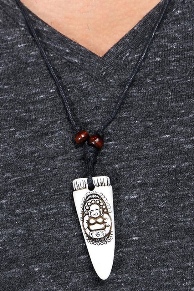 Siddhartha Buddha Carved Tooth Design Adjustable String White Necklace