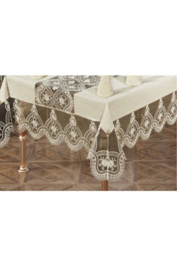 Eylül 12 Peçeteli Linen Kumaş Fransız Güpürlü 25 Parça Lüks Yemek Takımı - 2