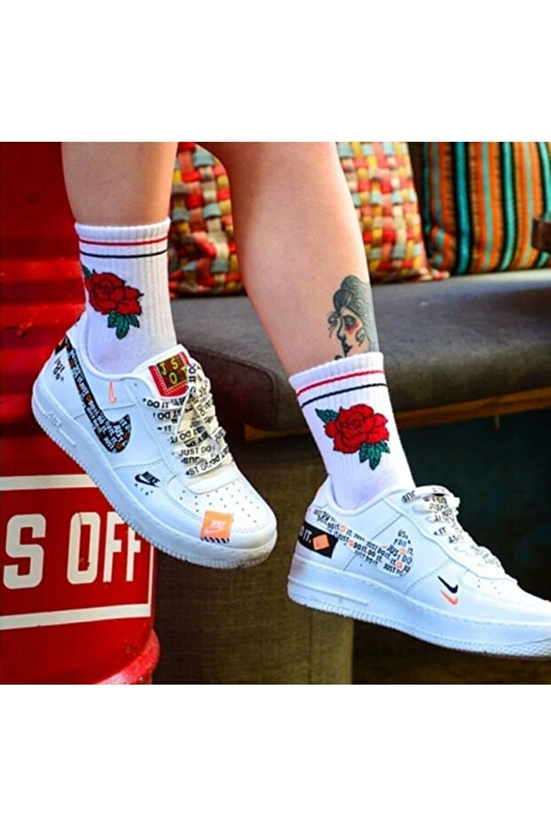 3 Pairs Unisex Rose Patterned White Cotton Tennis College Socks