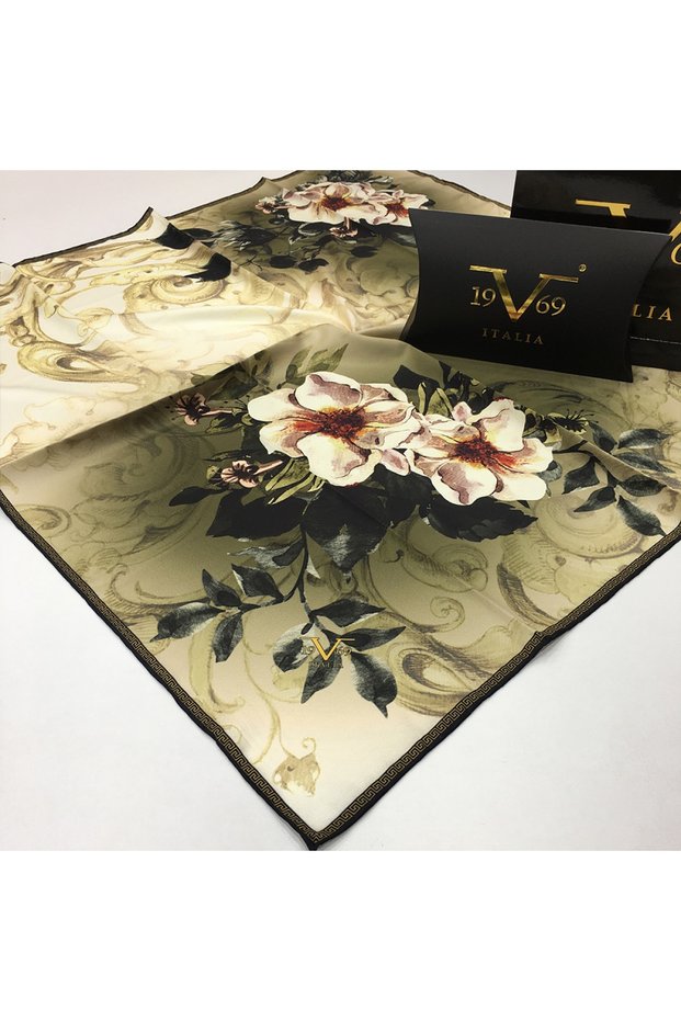 Cream Twill Scarf Baroque Floral Pattern Black Series With Scarf Hanger 90x90 Cm