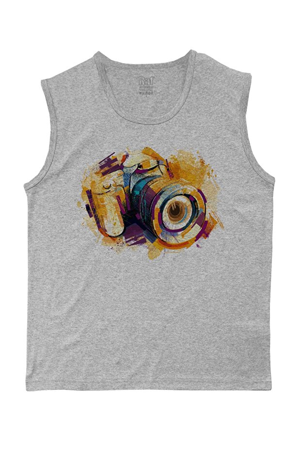 Men's Sleeveless Gray Melange T-shirt Camera Digital Printed
