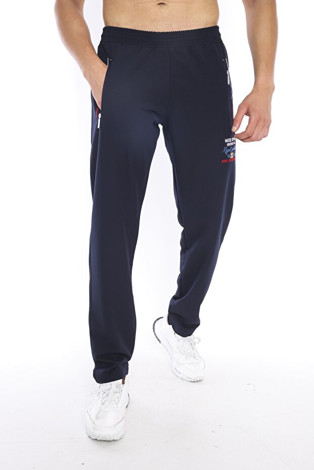 Men's Navy Blue Pocket Zippered Embroidery Detailed Straight Leg Sweatpants