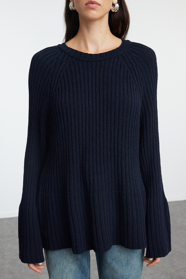 More Sustainable Lacivert Geniş Kalıp Peplum Detaylı Pamuklu Triko Kazak TWOAW25KZ00305 - 3