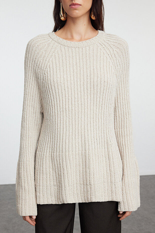 More Sustainable Taş Geniş Kalıp Peplum Detaylı Pamuklu Triko Kazak TWOAW25KZ00305 - 3