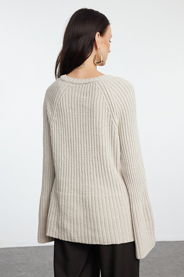 More Sustainable Taş Geniş Kalıp Peplum Detaylı Pamuklu Triko Kazak TWOAW25KZ00305 - 5