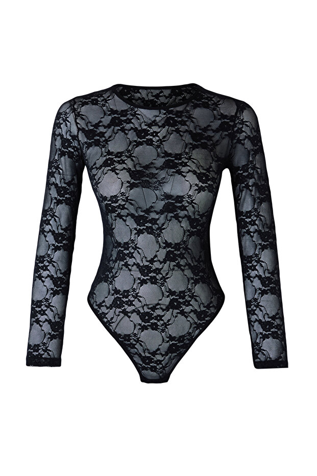 Siyah Dantel Ajurlu/Delikli Kapsız Çıtçıtlı Örme Body THMAW25BD00001 - 5
