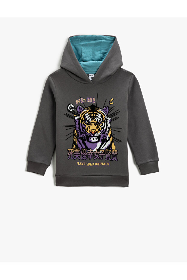 Tiger Printed Hooded Sweatshirt Long Sleeve