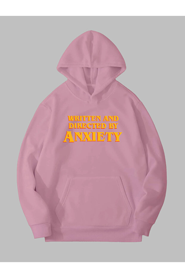 Three Thread Anxiety Printed Unisex Pink Kangaroo Pocket Hooded Sweatshirt Hoodie