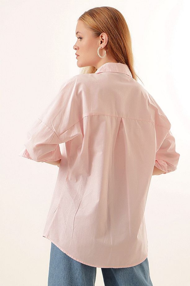 3900 Oversize Uzun Basic Gömlek - Pudra - 7