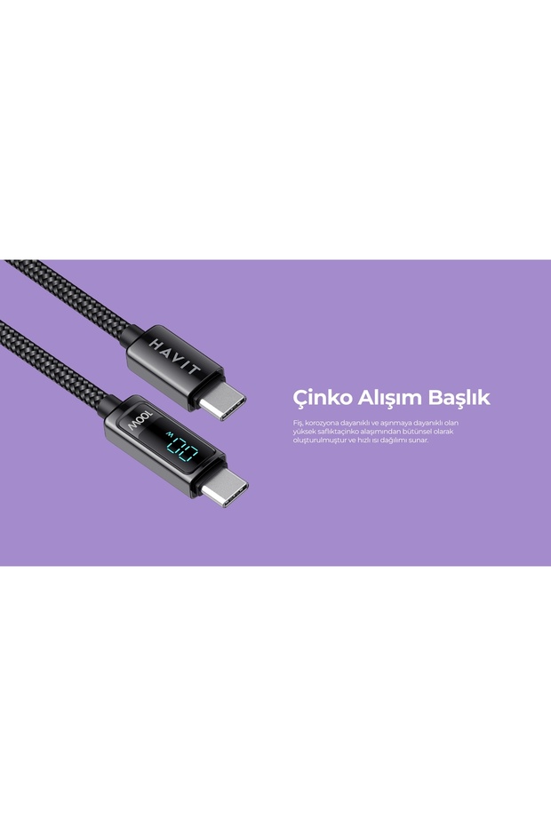 CB6247 PD100W Type-C to Type-C Göstergeli Şarj Kablosu - 7