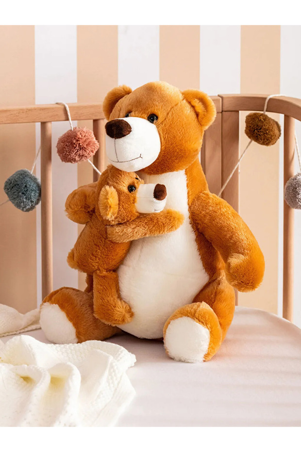 Lcw Home Brown Filled Plush Baby Throw Pillow with Mother and Baby Bear Figures 42 cm