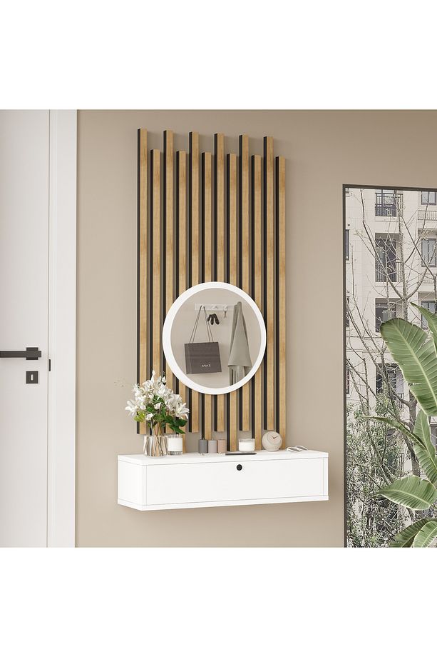 Cosmia Aynalı Dresuar Ahşap Çıtalı Set Hol Antre CS4-W - 3
