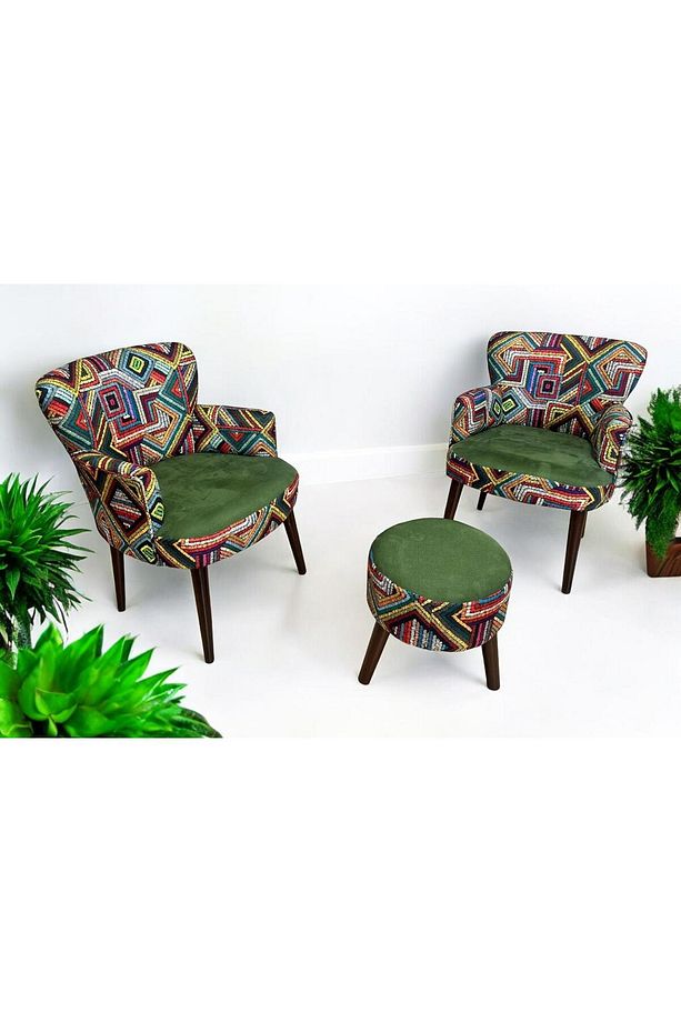 3lü Koltuk Set - Tekli Koltuk Puf Seti - Berjer Tekli Koltuk - Dijital Baskı - 1