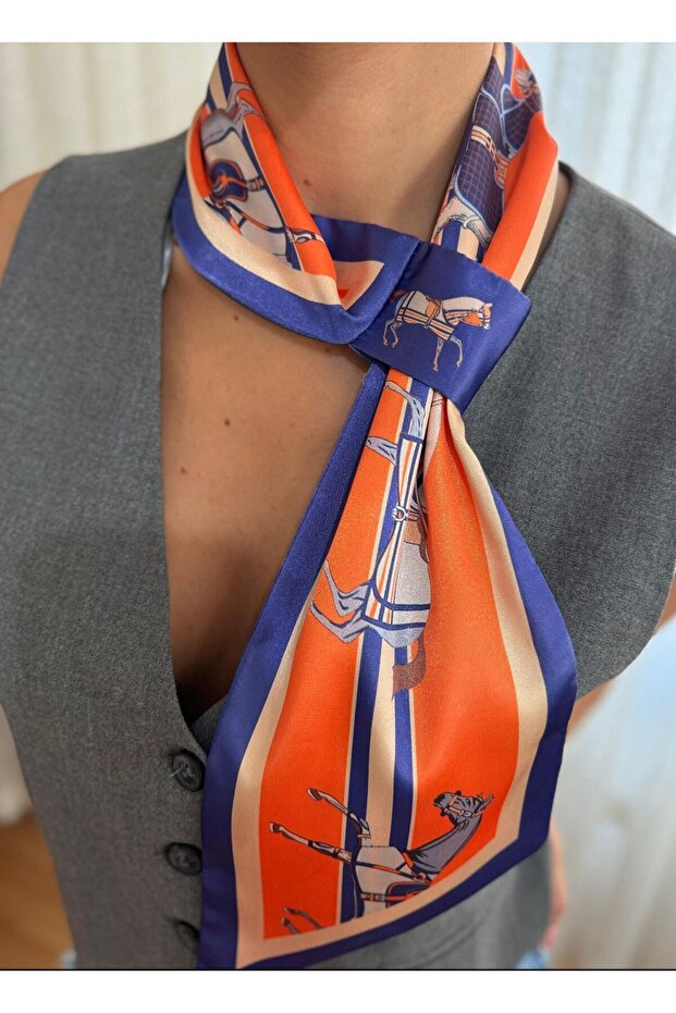 Kravat Eşarp Turuncu Atlı Desen - 3