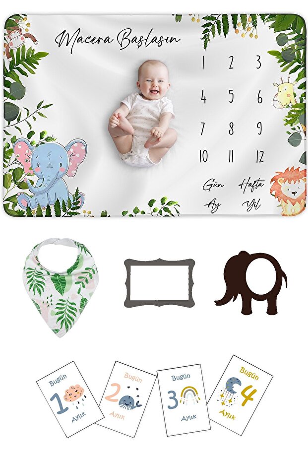 Baby Gift Monthly Memory Blanket (150X100Cm), Memory Cards, Baby Bib, Newborn Gift Set