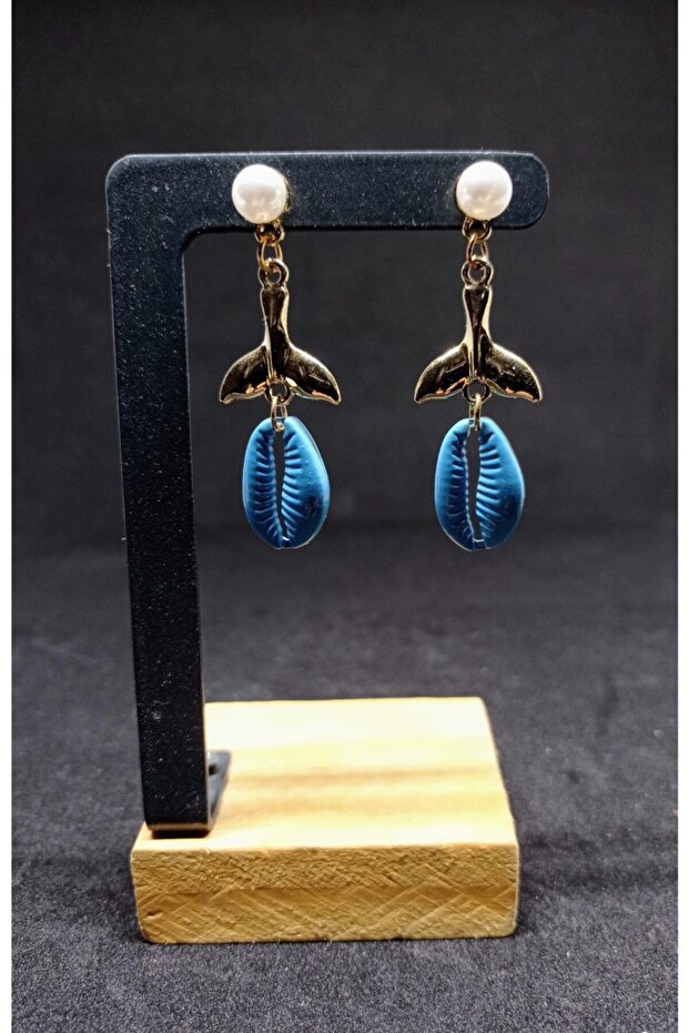 Pearl Beaded Fishtail Figured Blue Sea Shell Earrings