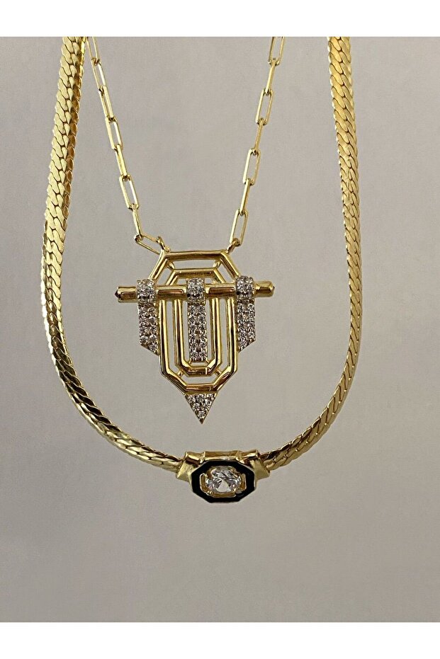 Herringbone Patterned Steel Necklace - Leyla - 1