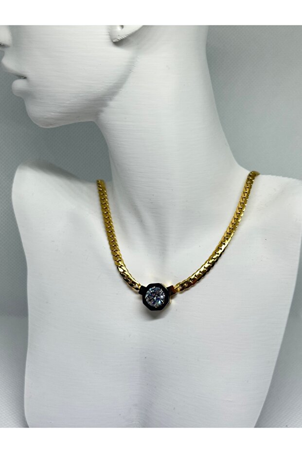 Herringbone Patterned Steel Necklace - Leyla - 2