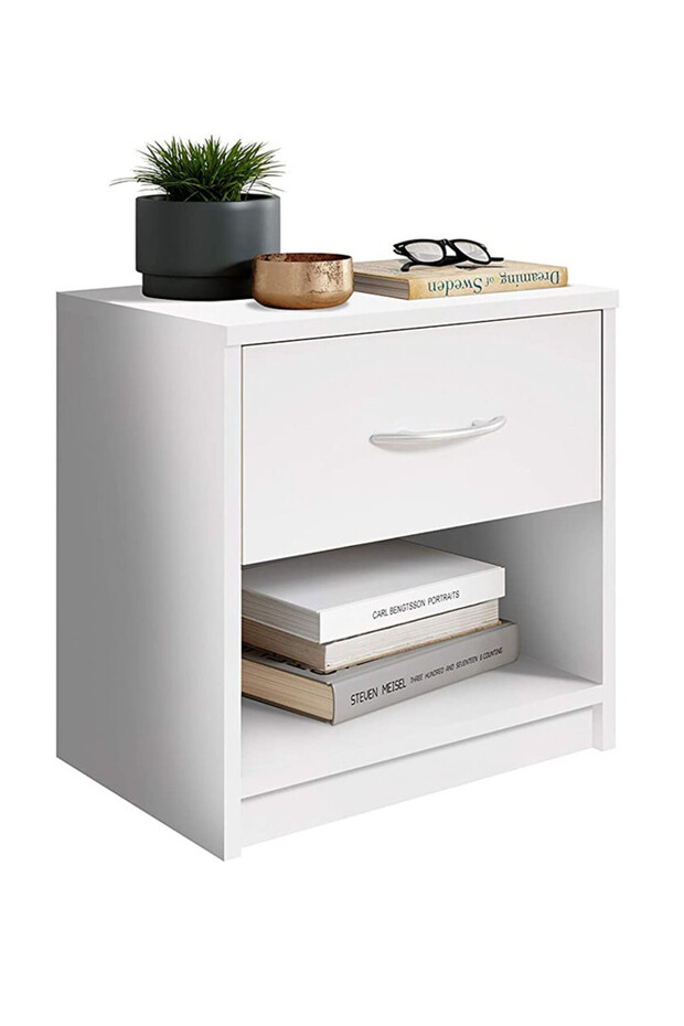 Modern White Nightstand with Drawer and Shelf Storage - Stylish and Compact Side Table - 4