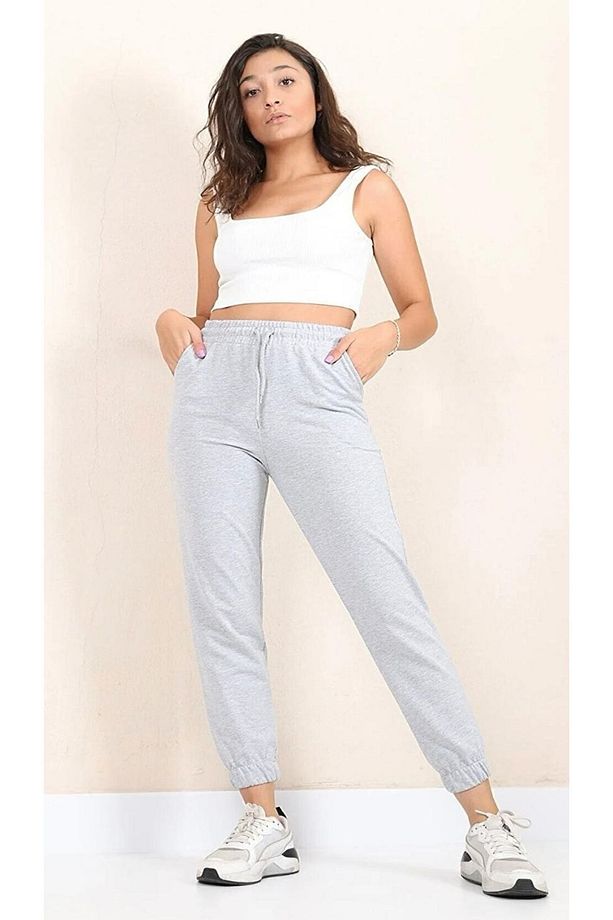 Gri Unisex Paça Lastikli Yüksek Belli Jogger Yazlık Eşofman Altı - 3