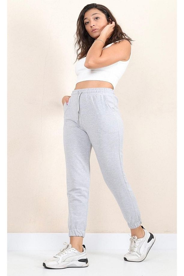 Gri Unisex Paça Lastikli Yüksek Belli Jogger Yazlık Eşofman Altı - 4