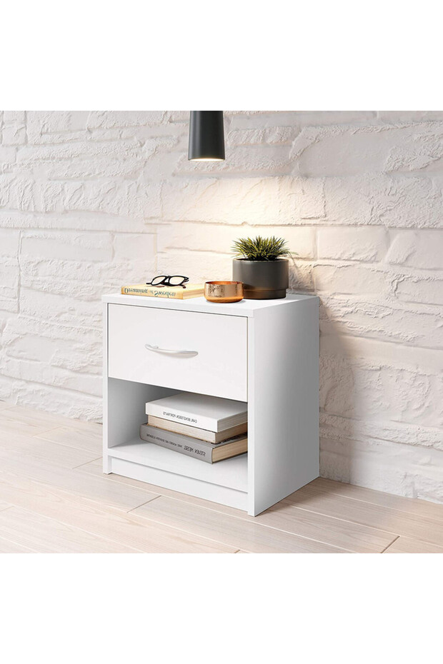 Modern White Nightstand with Drawer and Shelf Storage - Stylish and Compact Side Table - 2