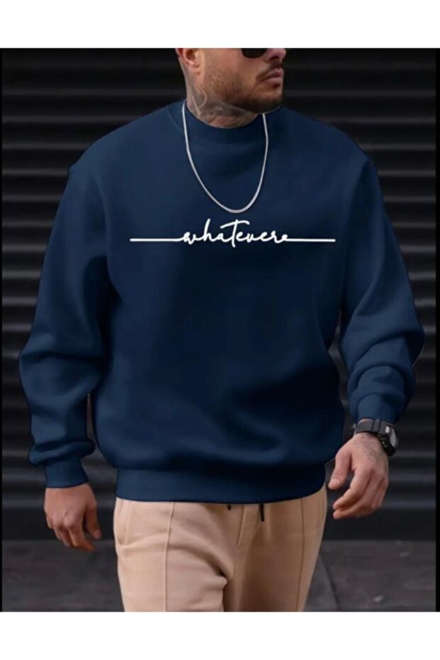 Men's Navy Blue Whatever Printed Crew Neck