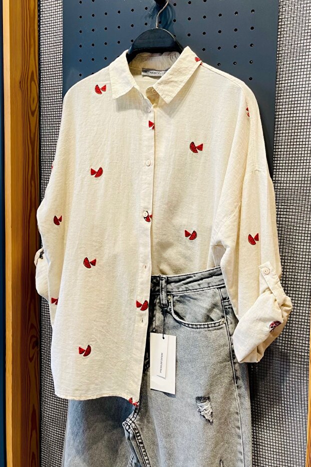 Beige Women's Shirt - 75% Cotton, 25% Linen, Watermelon Embroidery Embroidered Folded Sleeve