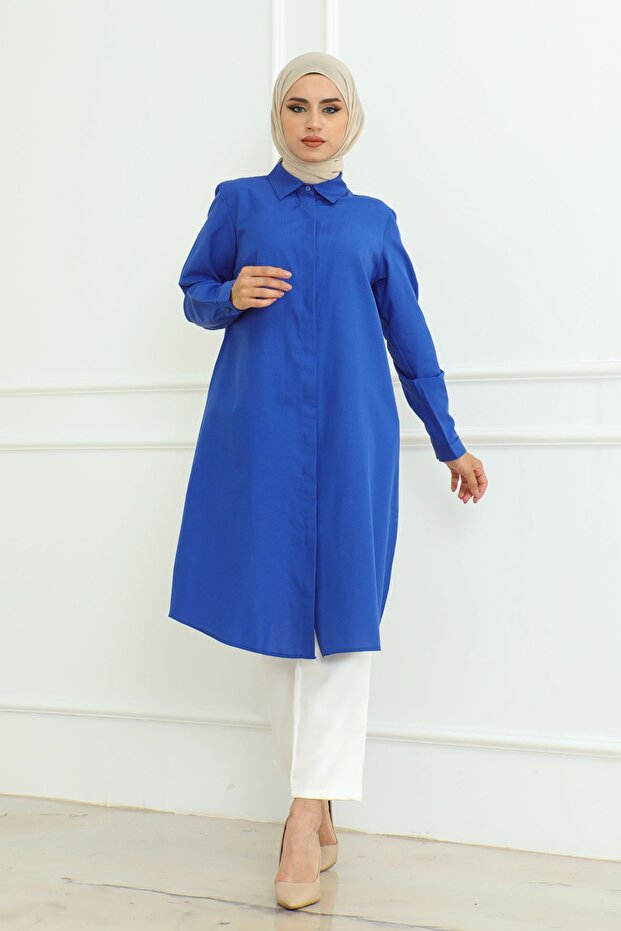 Cobalt Blue Women's Tunic - Long Sleeve, Collar Button, Hijab Design