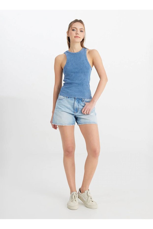 Crew Neck Blue Women's Blouse W 241281 Tf-Sleeveless Blouse
