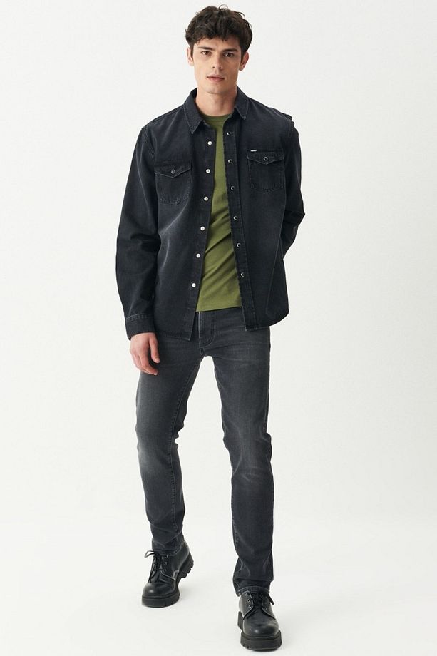 Regular Fit %100 Pamuk Antrasit Jean Kot Gömlek - 5