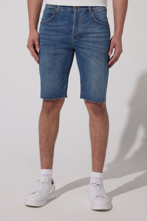 Regular Fit Normal Kesim Normal Bel Mavi Esnek Jean Kot Şort - 1