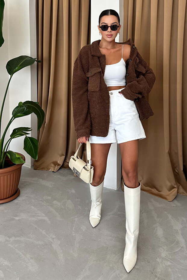 Kadın Kuzu Teddy Düğmeli Ceket - 5